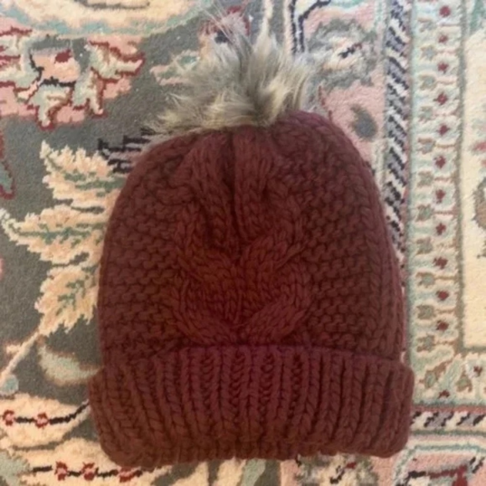 Topshop Burgundy Red Cable Knit Pom Fur Beanie Hat